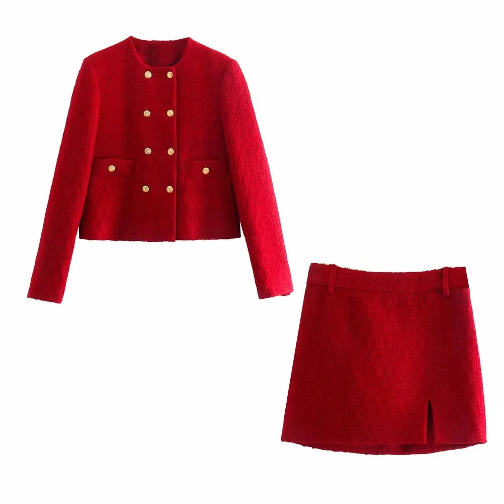 Women’s Double Breasted Skirt Suit – Elegant Office Blazer & Mini Skirt Set