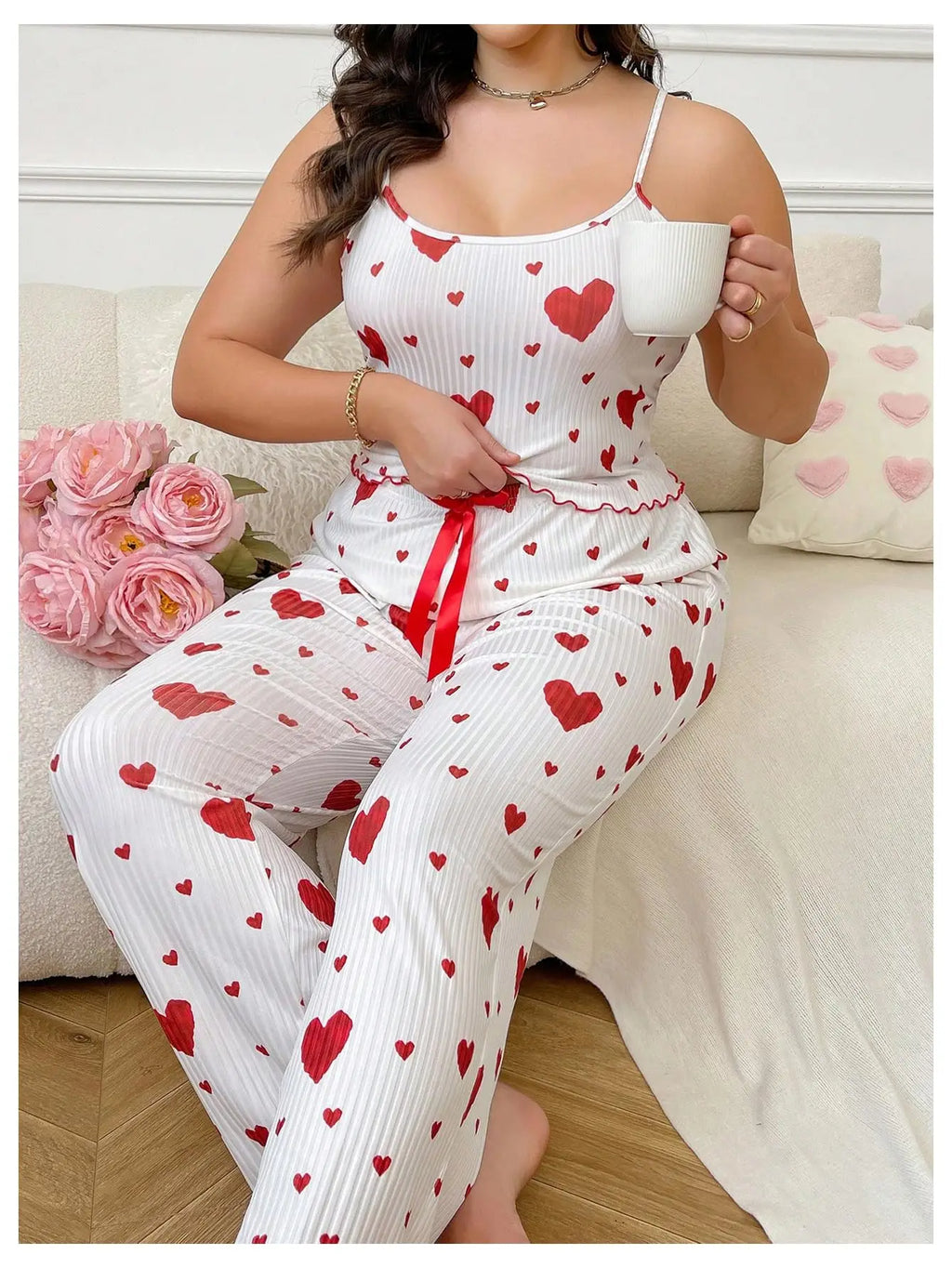 Plus Size Women Pajamas Set 2 Piece Sleeveless Vest and Trousers White Soft Breathable Sleepwear Casual Red Heart Print
