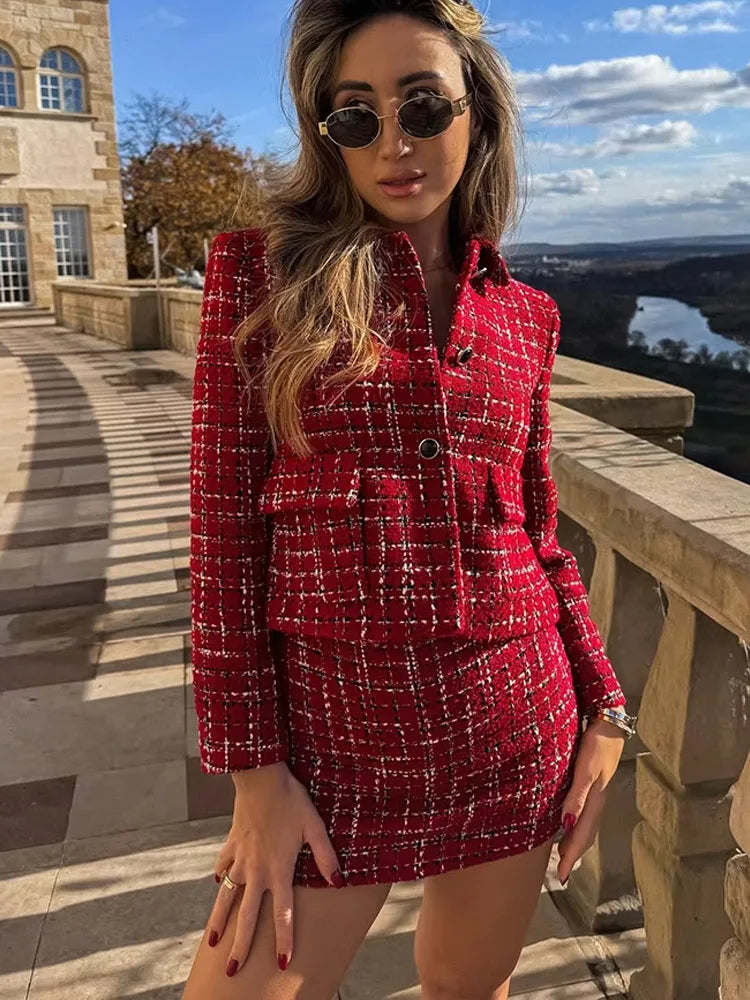 Women’s Plaid Office Skirt Suit – Slim Fit Blazer & Mini Skirt Set
