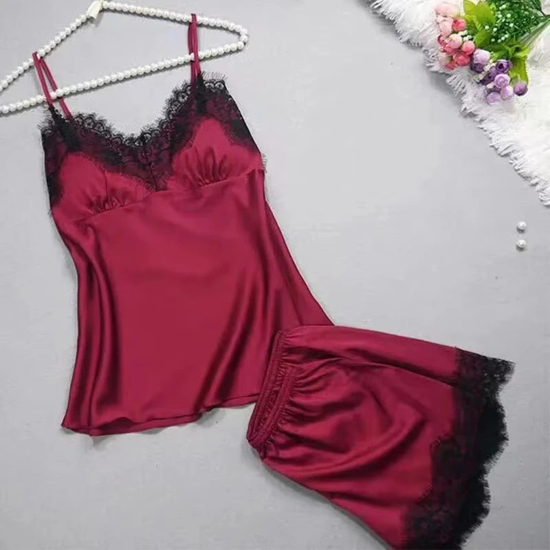 Sexy V-Neck Red Pajama Set