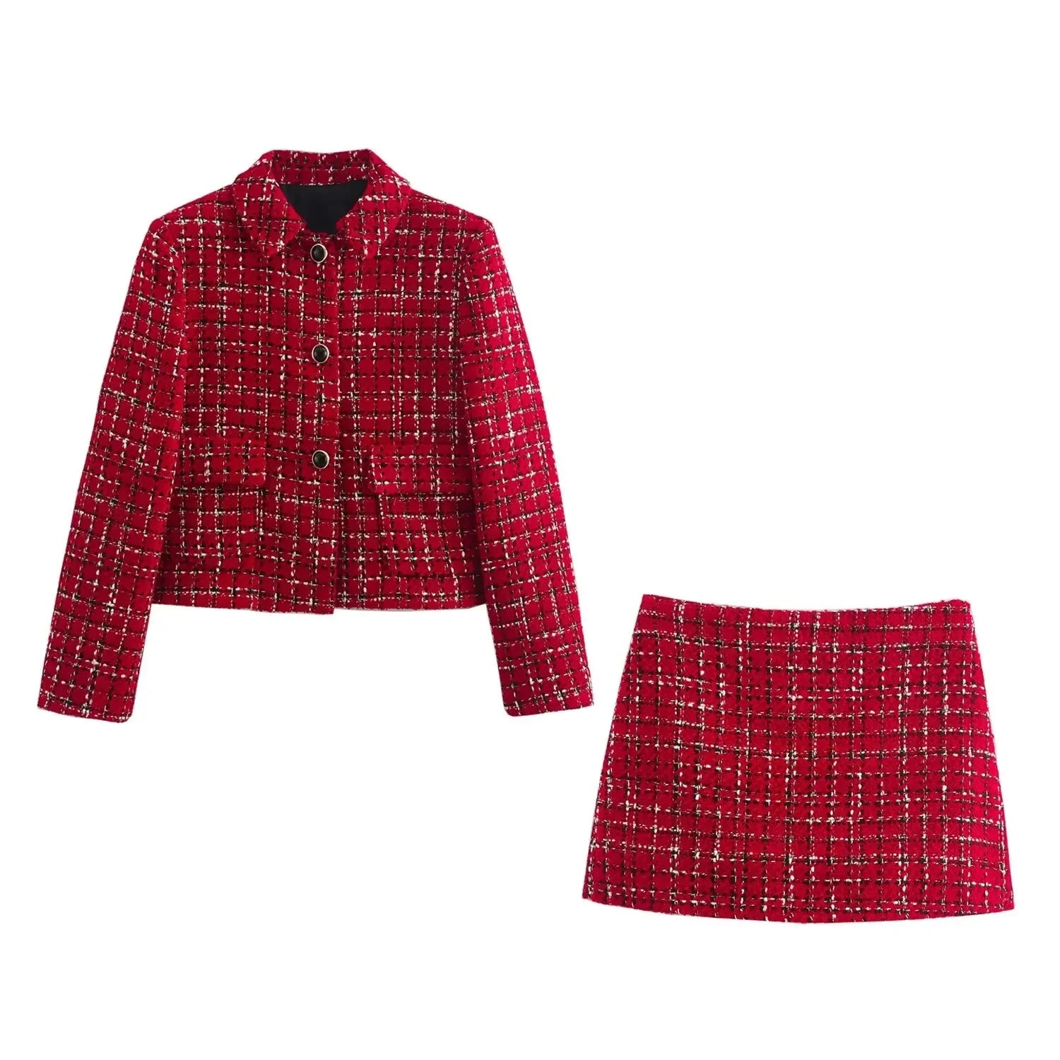 Women’s Plaid Office Skirt Suit – Slim Fit Blazer & Mini Skirt Set