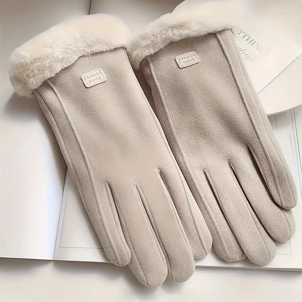 Beige Touchscreen Winter Gloves with Plush Lining