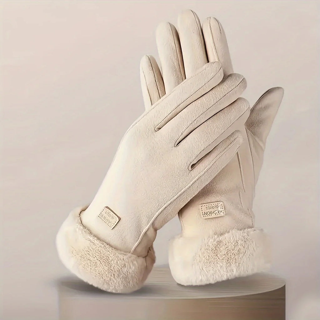 Beige Touchscreen Winter Gloves with Plush Lining
