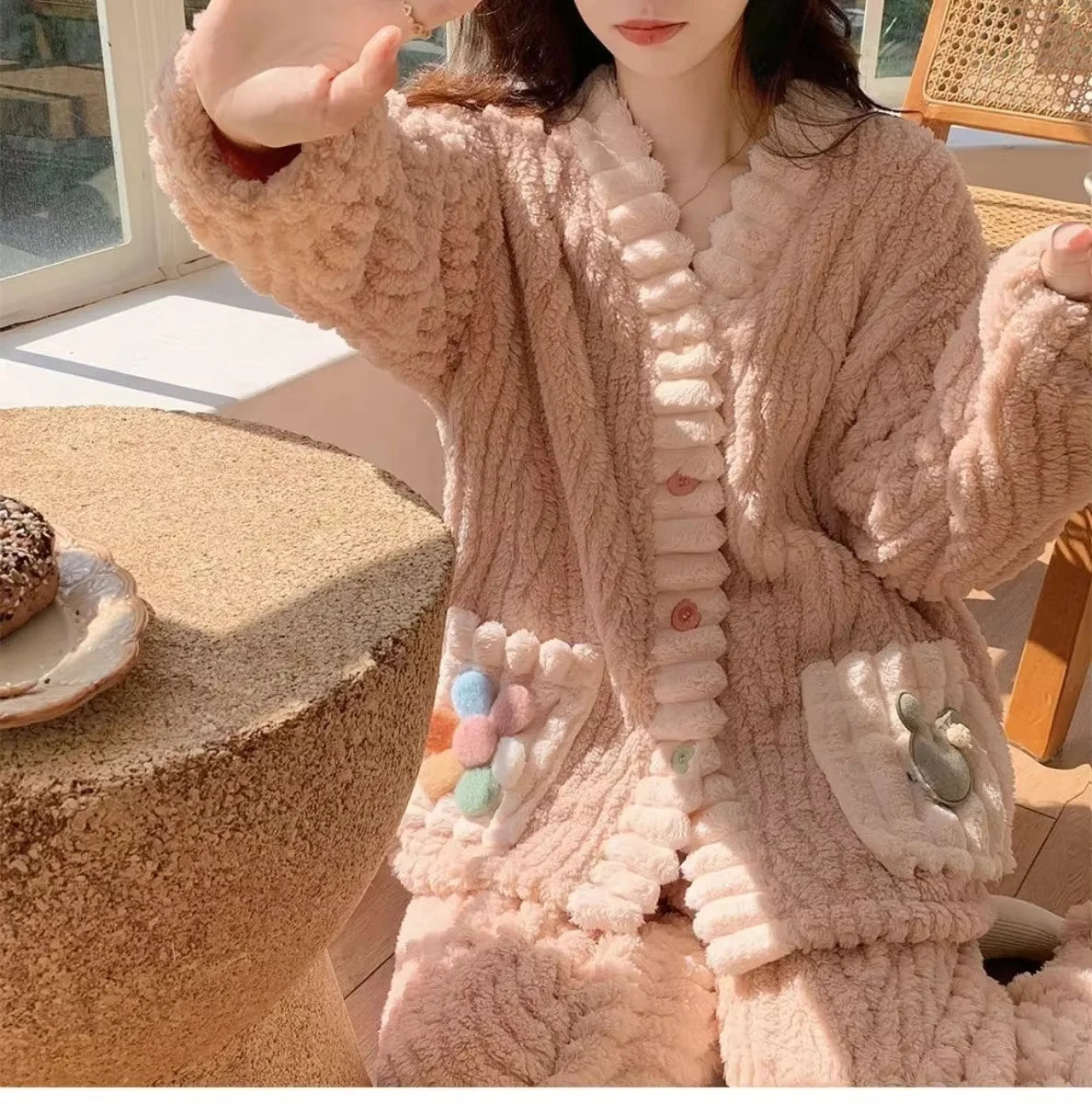 Warm Flannel Sleepwear Cardigan Set for Women