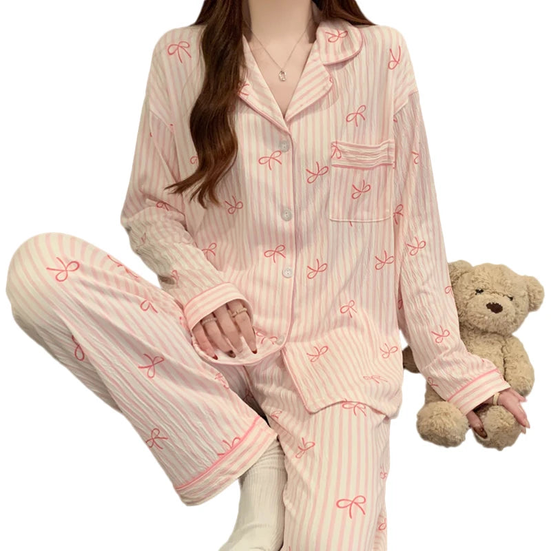 Pink Bow Pajamas Set – Long Sleeve Top & Elastic Waist Pants