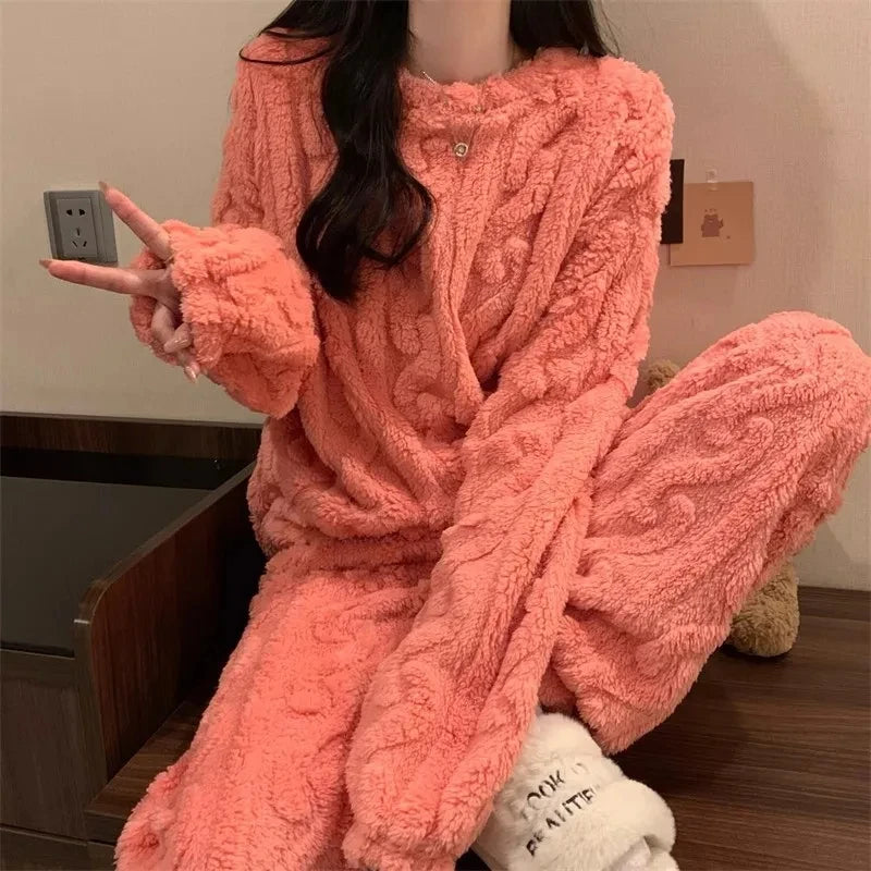 Couple’s Cozy Coral Velvet Pajama Outfit