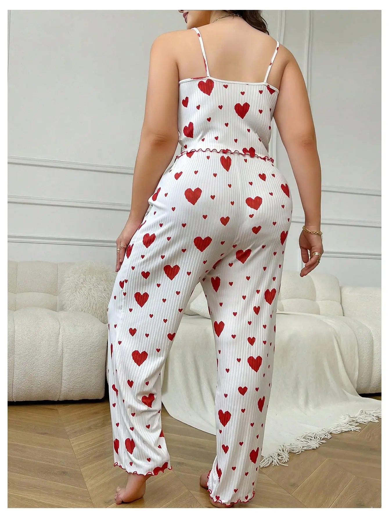 Plus Size Women Pajamas Set 2 Piece Sleeveless Vest and Trousers White Soft Breathable Sleepwear Casual Red Heart Print