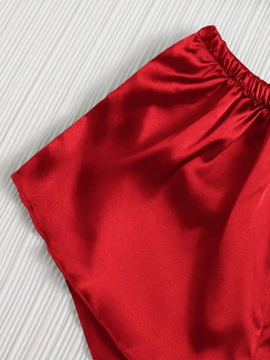 Red Solid 2 Piece Sets Women Pajama Set Sling Ladies Lace Satin Silk Sexy Frilled Underwear Fashion plus Lingerie Sleepwear Bra