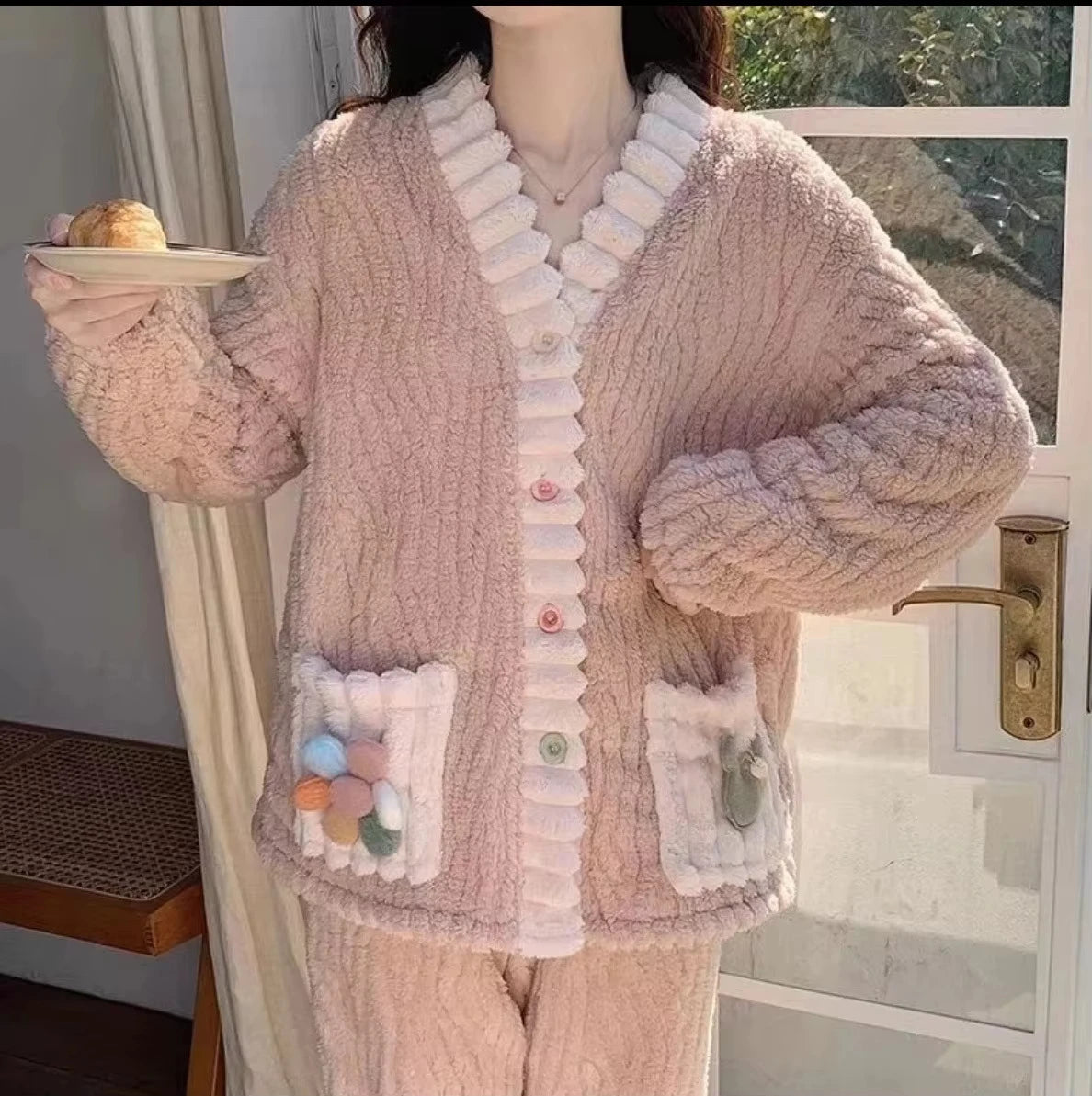 Warm Flannel Sleepwear Cardigan Set for Women