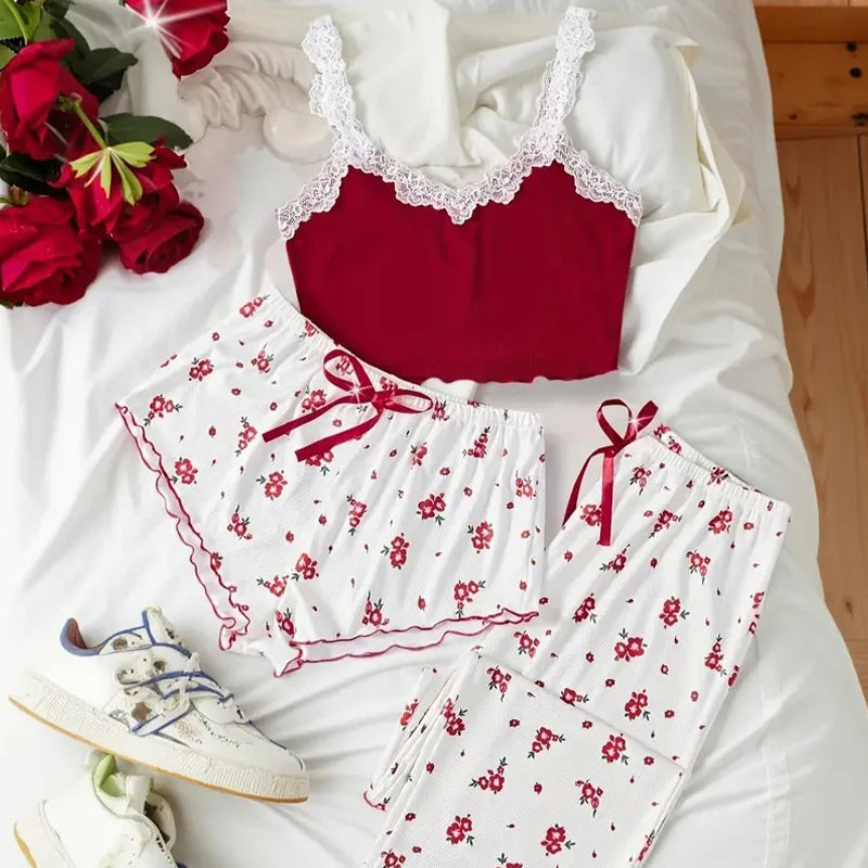 Valentine Floral Knit Pajama 3-Piece Set