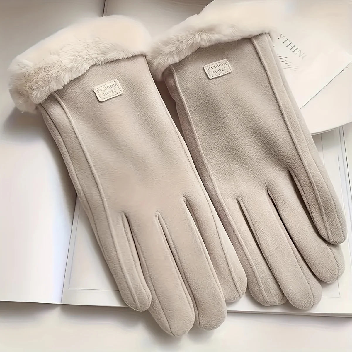 Beige Touchscreen Winter Gloves with Plush Lining