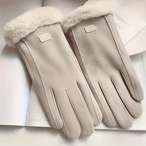 Beige Touchscreen Winter Gloves with Plush Lining
