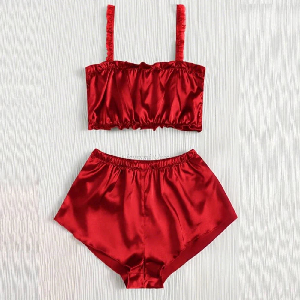 Red Solid 2 Piece Sets Women Pajama Set Sling Ladies Lace Satin Silk Sexy Frilled Underwear Fashion plus Lingerie Sleepwear Bra