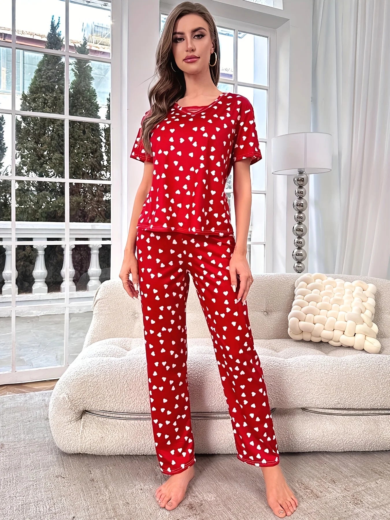 Elegant V-Neck Printed Pajama Set