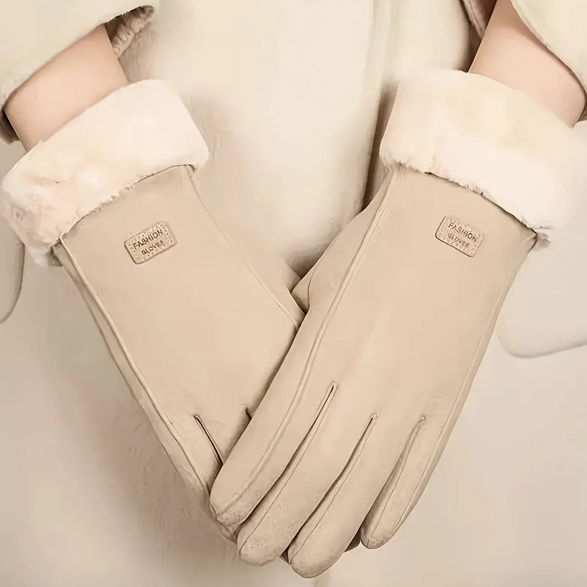Beige Touchscreen Winter Gloves with Plush Lining