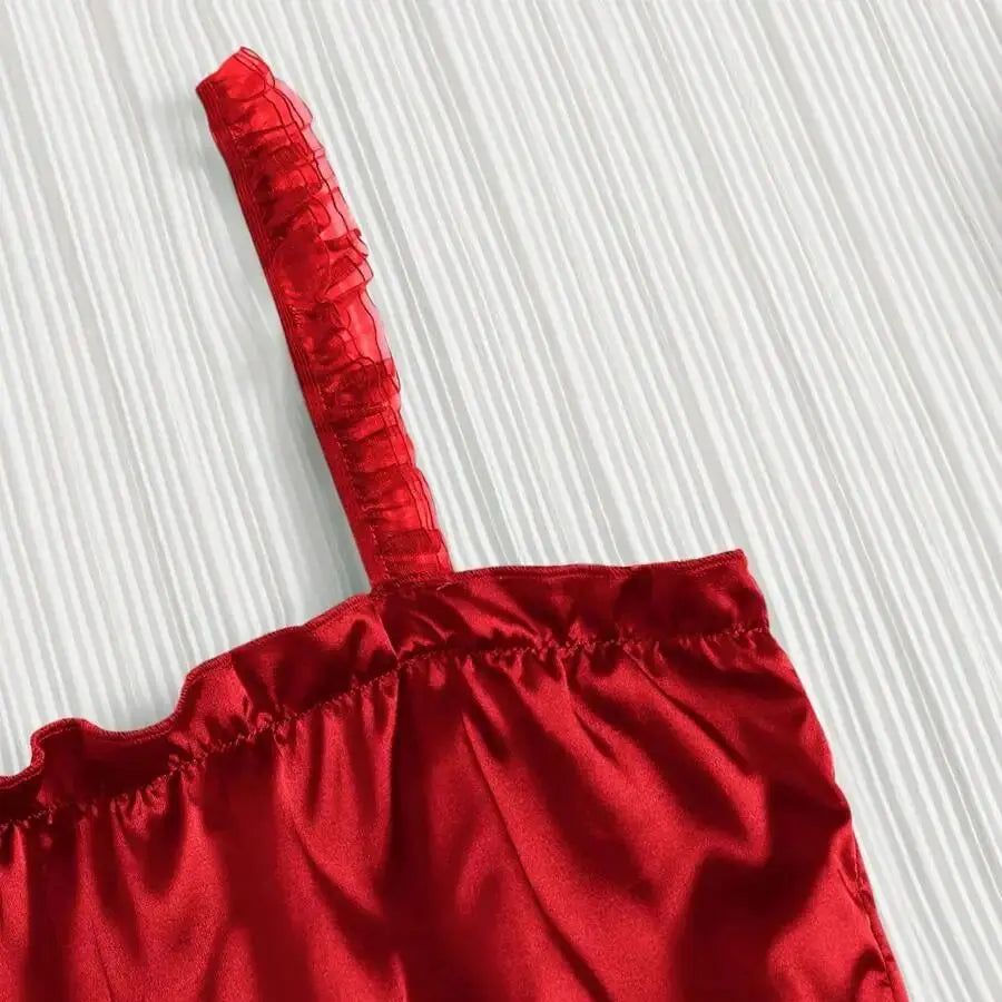 Red Solid 2 Piece Sets Women Pajama Set Sling Ladies Lace Satin Silk Sexy Frilled Underwear Fashion plus Lingerie Sleepwear Bra