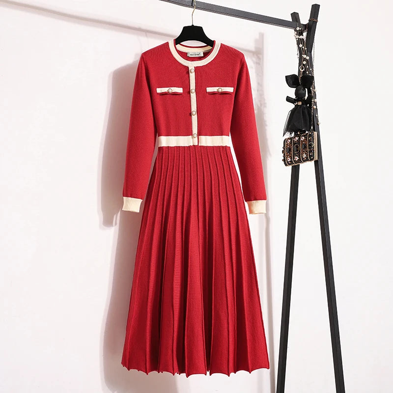 Women’s Casual Knit Maxi Dress – Long Sleeve A-Line Winter Dress with Pockets