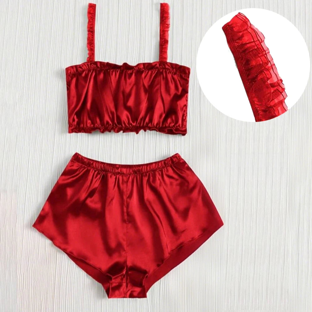 Red Solid 2 Piece Sets Women Pajama Set Sling Ladies Lace Satin Silk Sexy Frilled Underwear Fashion plus Lingerie Sleepwear Bra