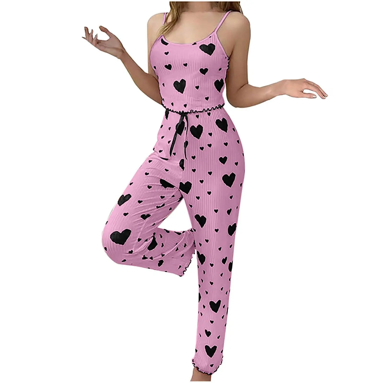 Plus Size Women Pajamas Set 2 Piece Sleeveless Vest and Trousers White Soft Breathable Sleepwear Casual Red Heart Print