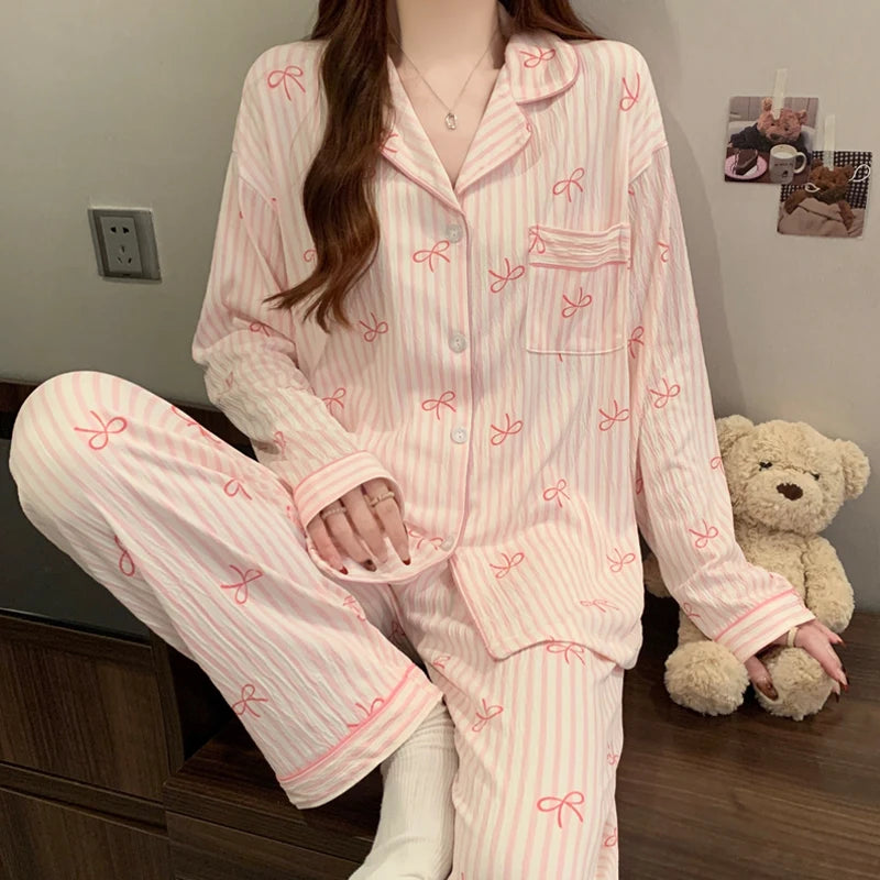 Pink Bow Pajamas Set – Long Sleeve Top & Elastic Waist Pants