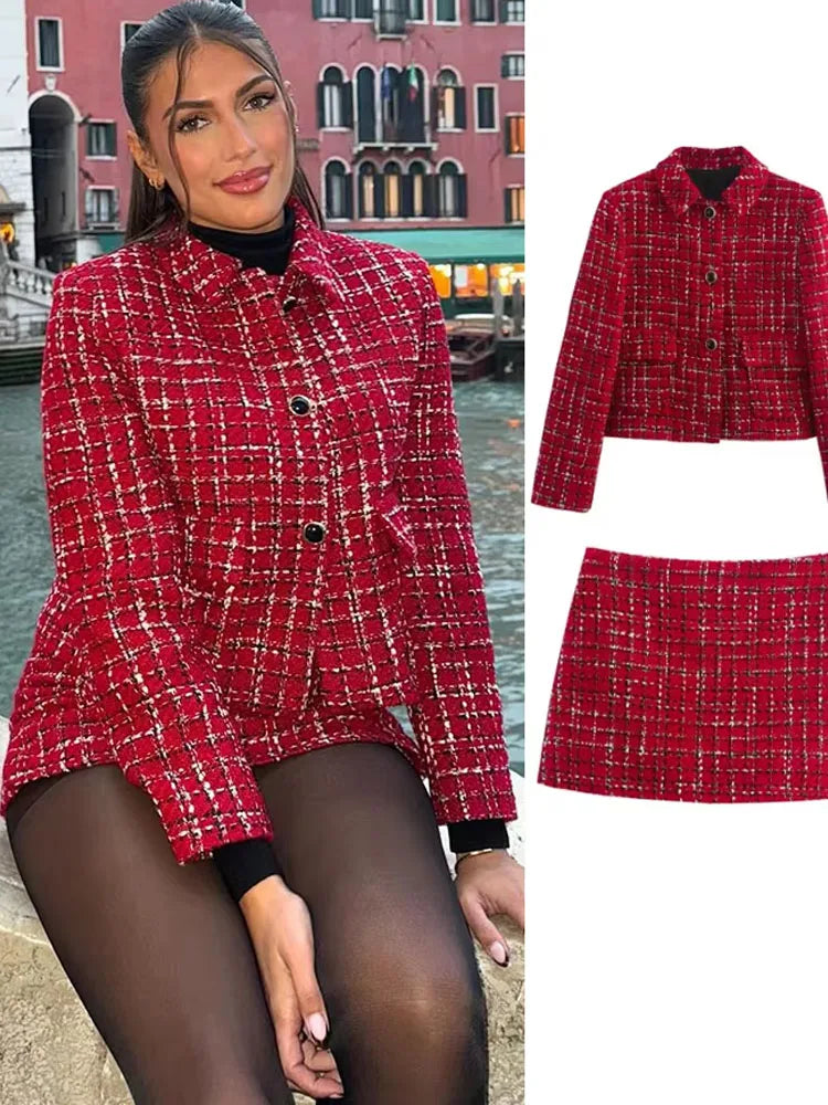 Women’s Plaid Office Skirt Suit – Slim Fit Blazer & Mini Skirt Set