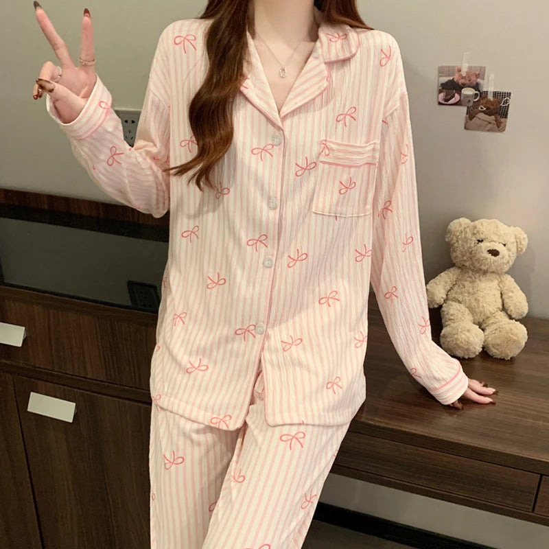 Pink Bow Pajamas Set – Long Sleeve Top & Elastic Waist Pants