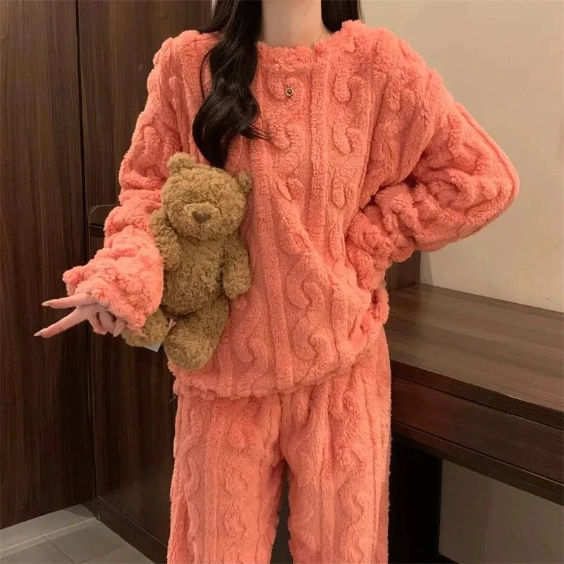 Couple’s Cozy Coral Velvet Pajama Outfit