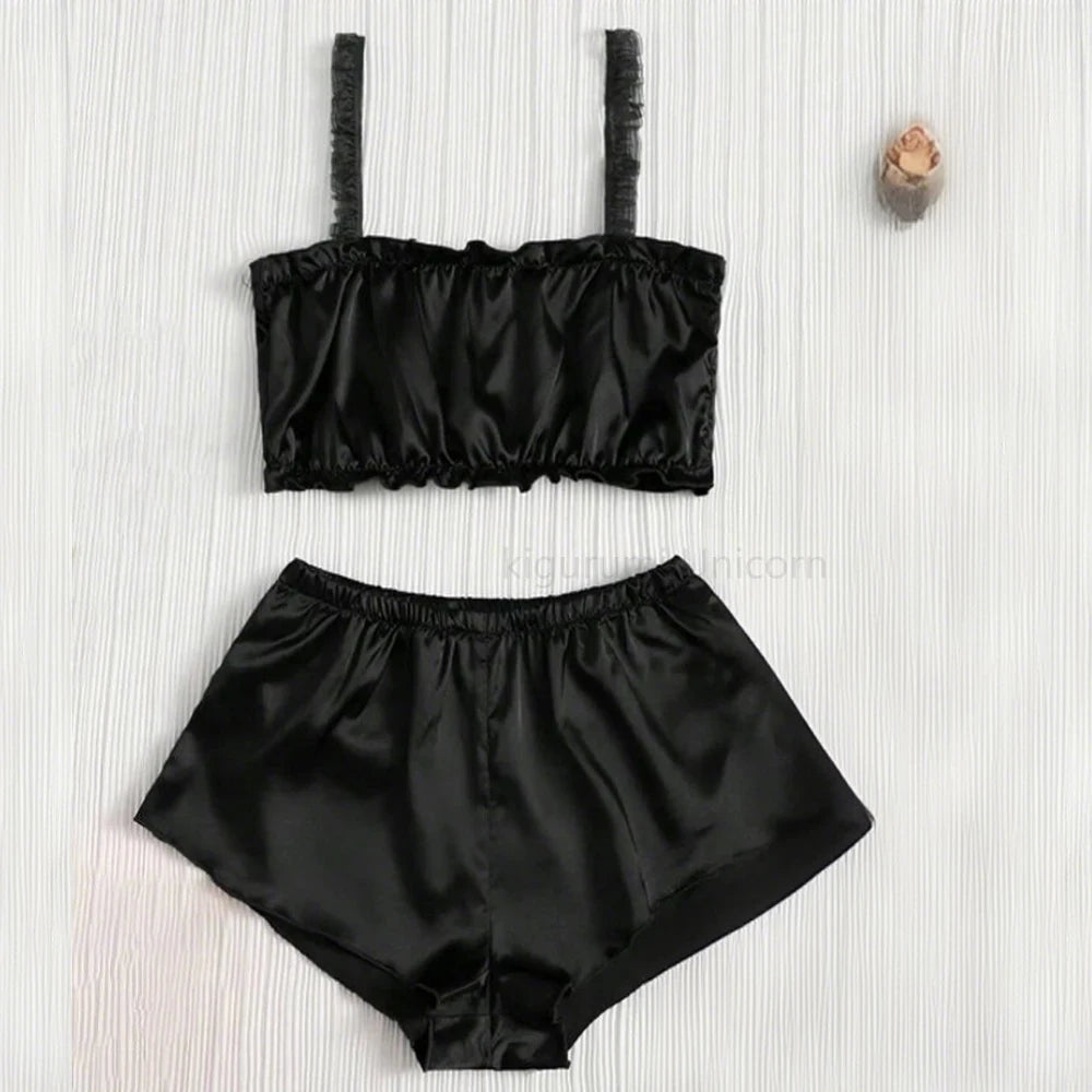 Red Solid 2 Piece Sets Women Pajama Set Sling Ladies Lace Satin Silk Sexy Frilled Underwear Fashion plus Lingerie Sleepwear Bra