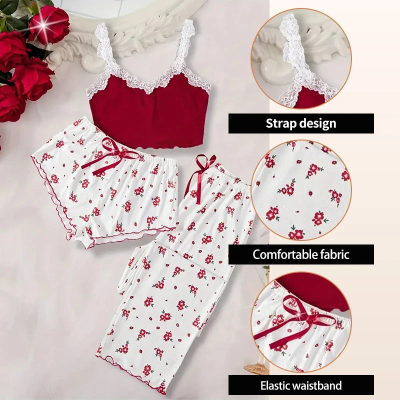 Valentine Floral Knit Pajama 3-Piece Set