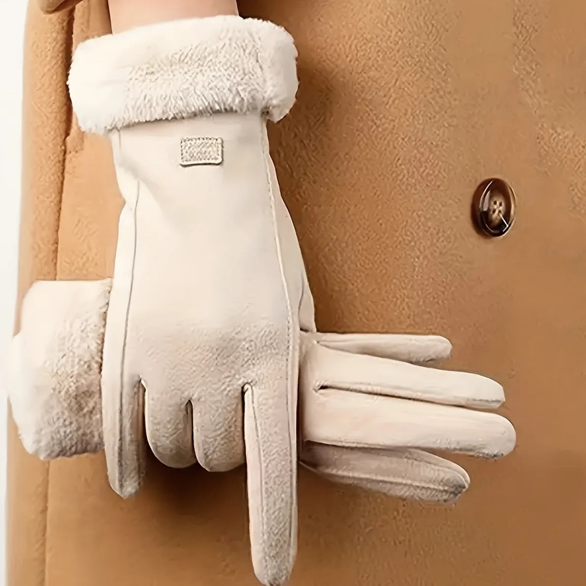 Beige Touchscreen Winter Gloves with Plush Lining