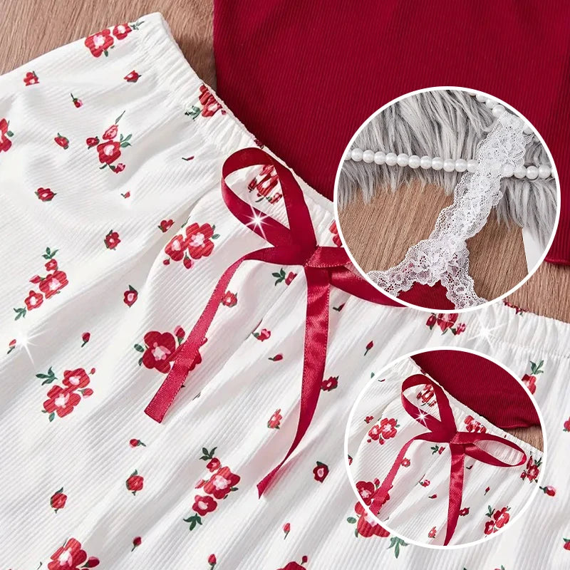 Valentine Floral Knit Pajama 3-Piece Set