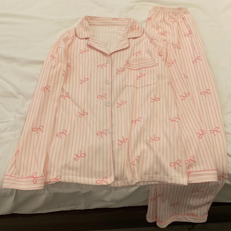 Pink Bow Pajamas Set – Long Sleeve Top & Elastic Waist Pants