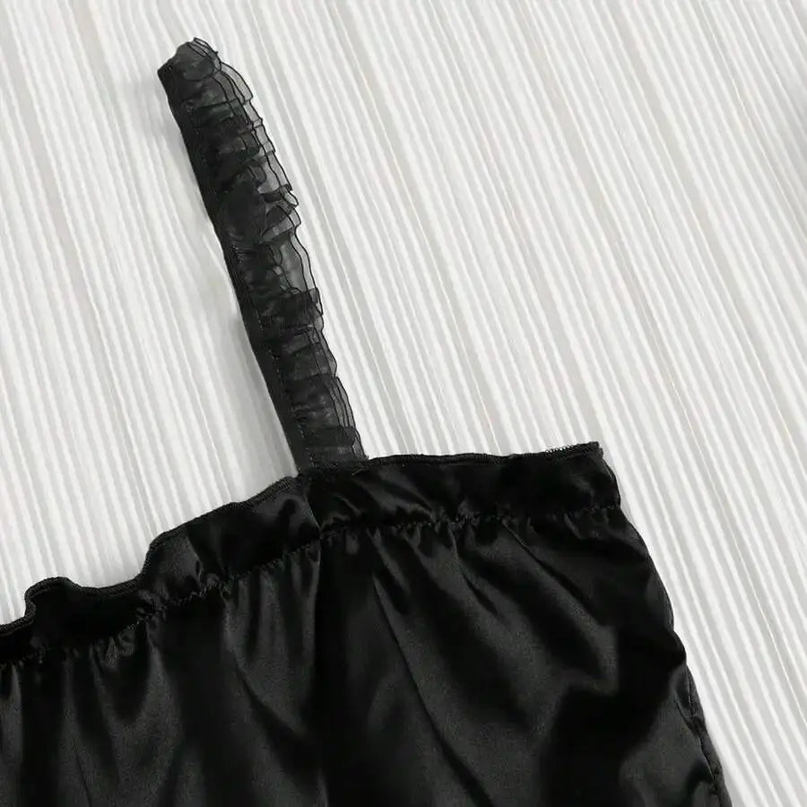 Red Solid 2 Piece Sets Women Pajama Set Sling Ladies Lace Satin Silk Sexy Frilled Underwear Fashion plus Lingerie Sleepwear Bra