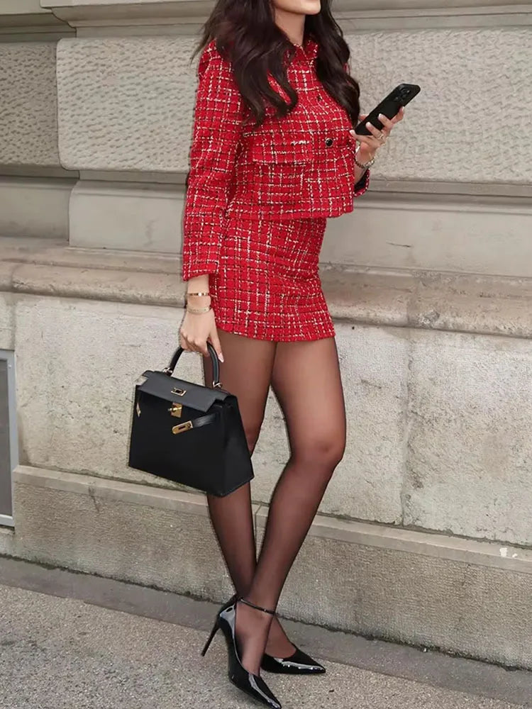 Women’s Plaid Office Skirt Suit – Slim Fit Blazer & Mini Skirt Set